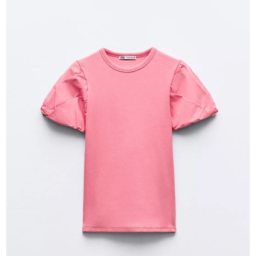 Zara Pink Puff Sleeve Knit Top Short Sleeve Crew Neck Bubblegum Pink‎ Slim Fit